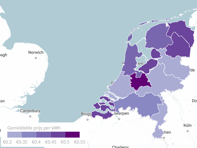 Kaart van Nederland in paars gekleurd. Wat aanduid wat de kosten zijn per regio in Nederland.