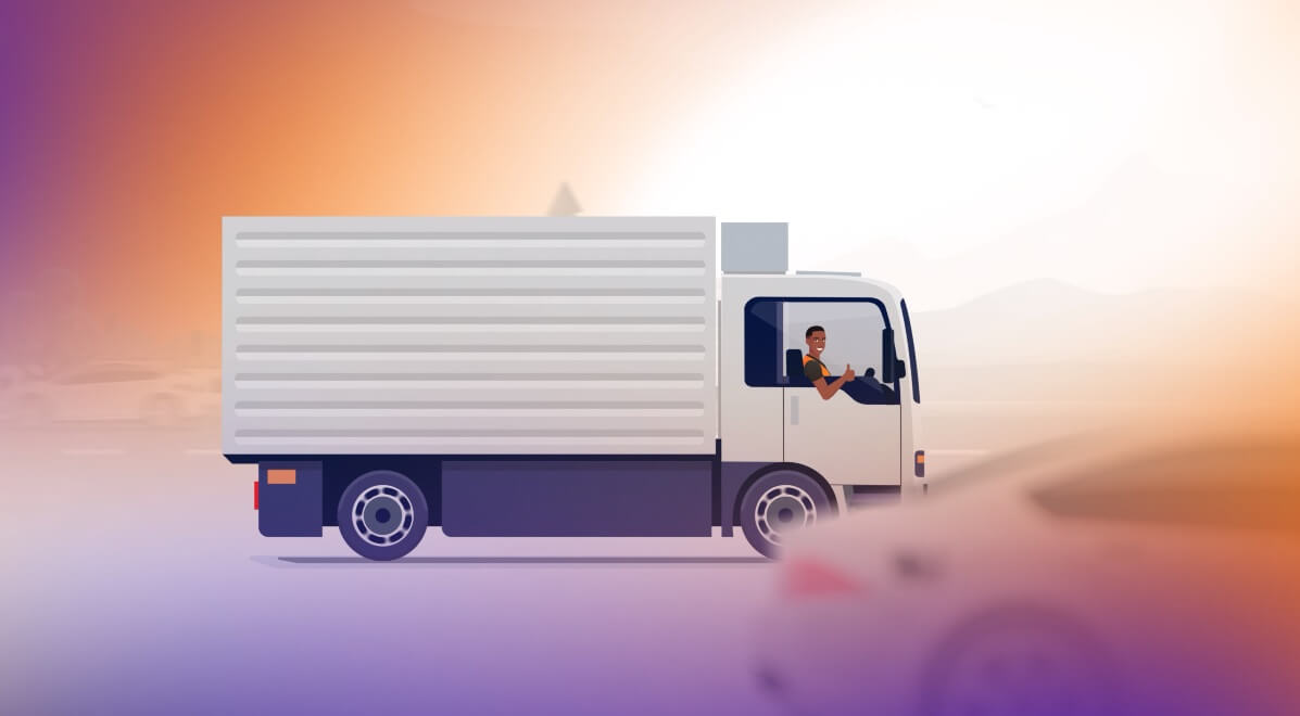 Geanimeerde vrachtwagen met vrachtwagenchauffeur die zie duim opsteekt.